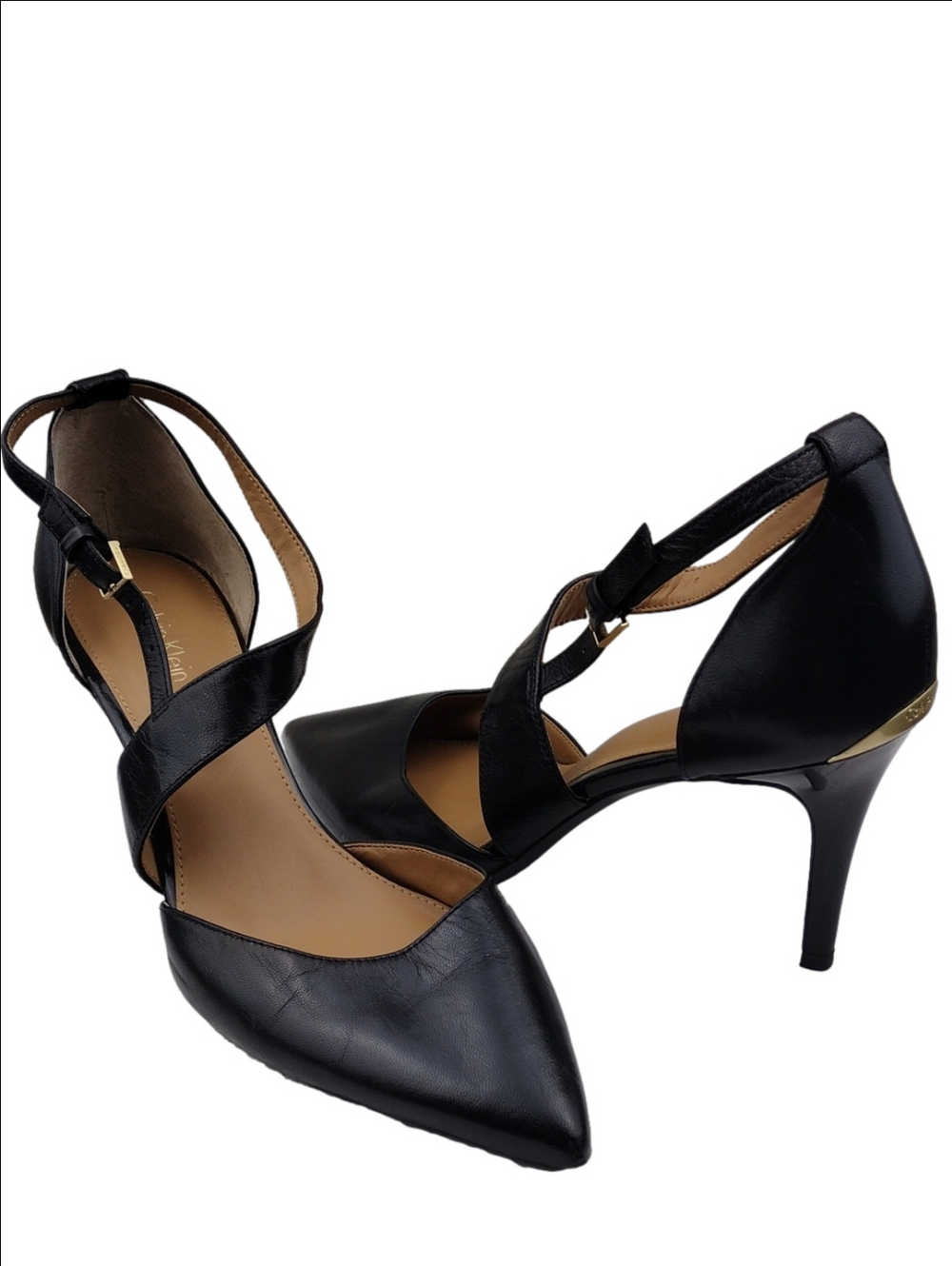 Calvin Klein Gildana Black Leather Asymmetrical Cross Strap Point Toe Heel Shoe